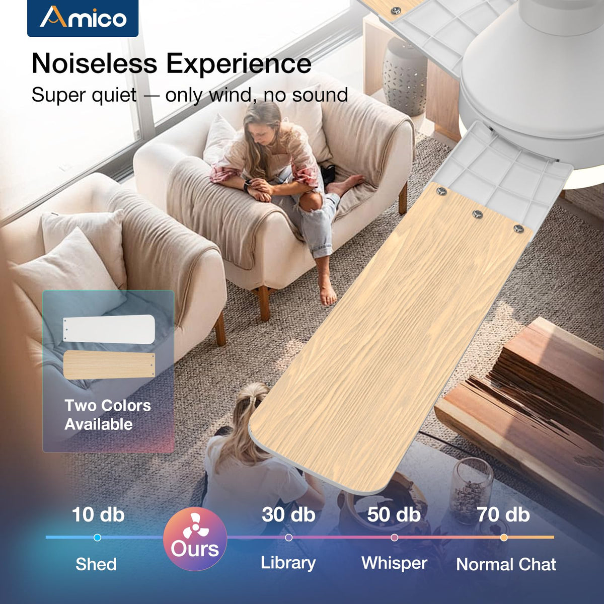 Amico dual-color blades and reversible motor for seasonal comfort.