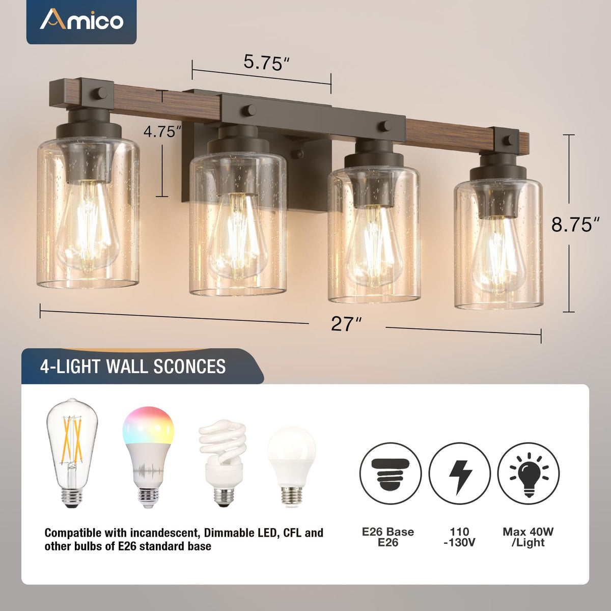 Amico vanity fixture delivers bright, even bathroom lighting with durable metal and wood finish.