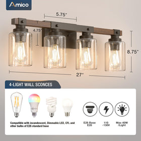 Amico vanity fixture delivers bright, even bathroom lighting with durable metal and wood finish.