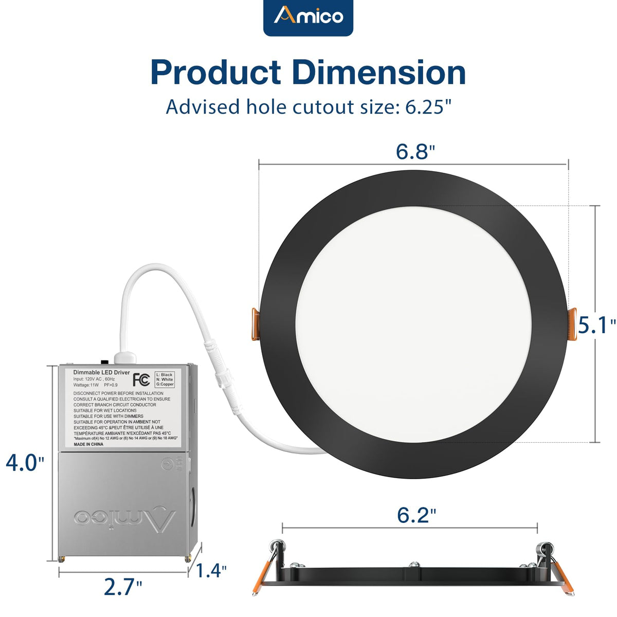 Easy-install Amico recessed ceiling light with quick mounting system.