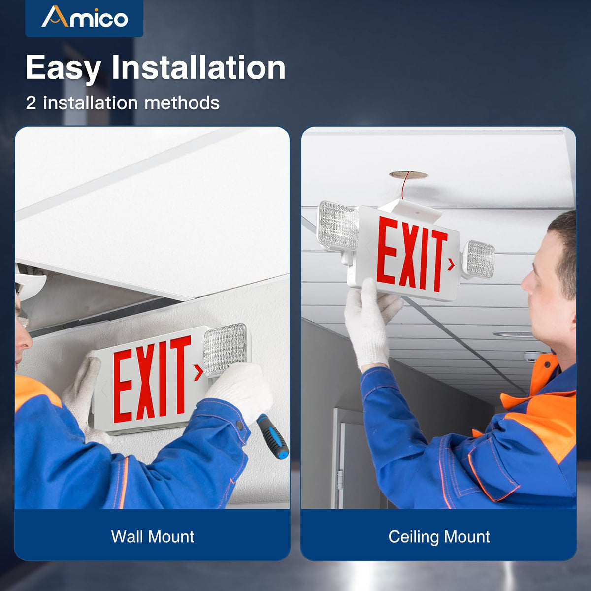 Amico ETL certified exit sign for reliability and compliance.