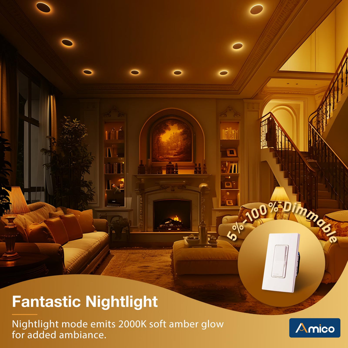 Amico ETL FCC certified recessed light compatible with most dimmers.