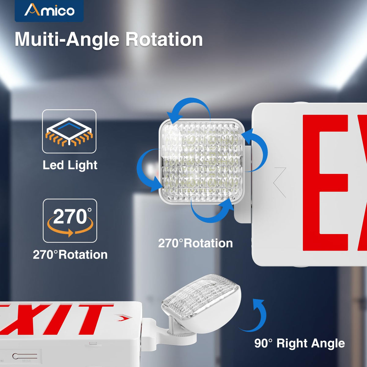 Amico exit sign compatible with 120/277V AC for easy installation.