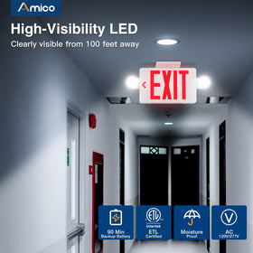 Amico exit sign red letters visible from 100 feet during emergencies