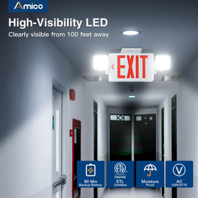 Amico exit sign with two adjustable LED heads for wide illumination.