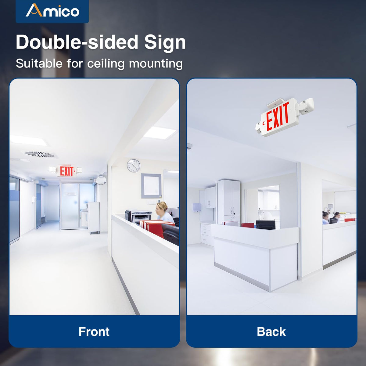 Amico exit sign wall or ceiling mount with canopy included.