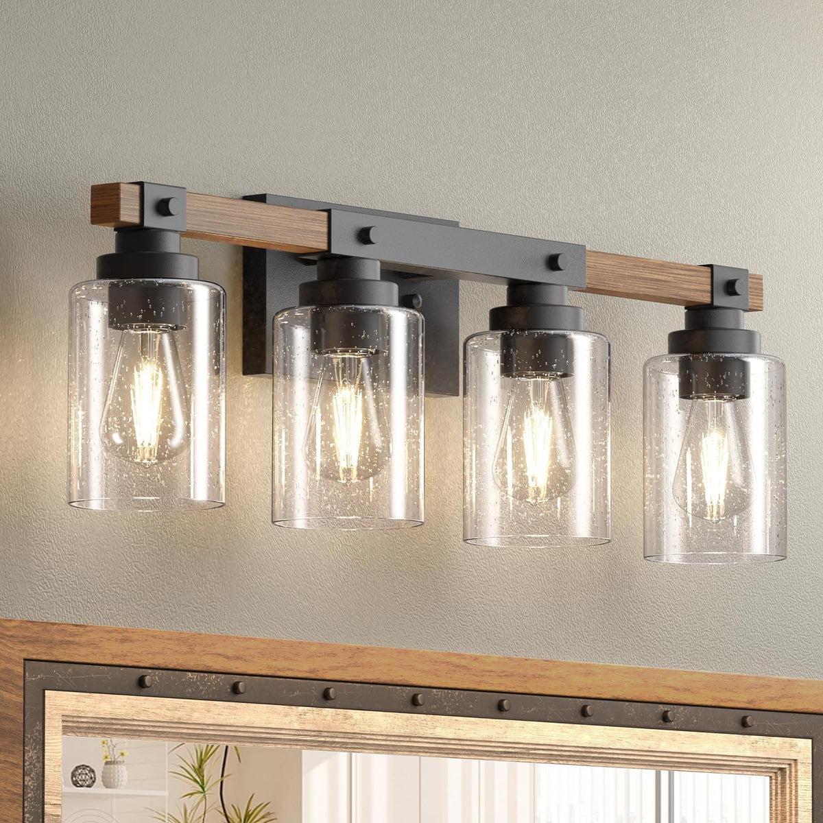 Amico farmhouse 4-light vanity fixture with bubble glass shades for rustic bathroom lighting.