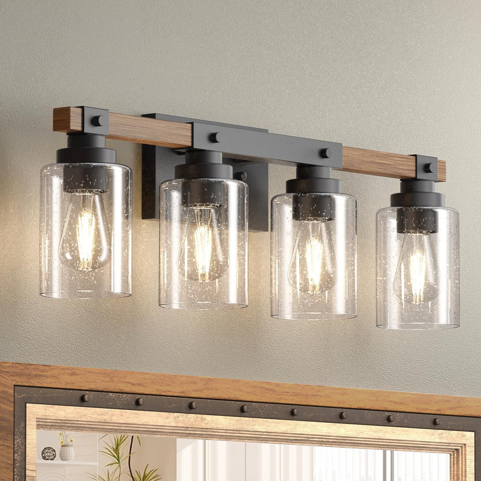 Amico farmhouse 4-light vanity fixture with bubble glass shades for rustic bathroom lighting.