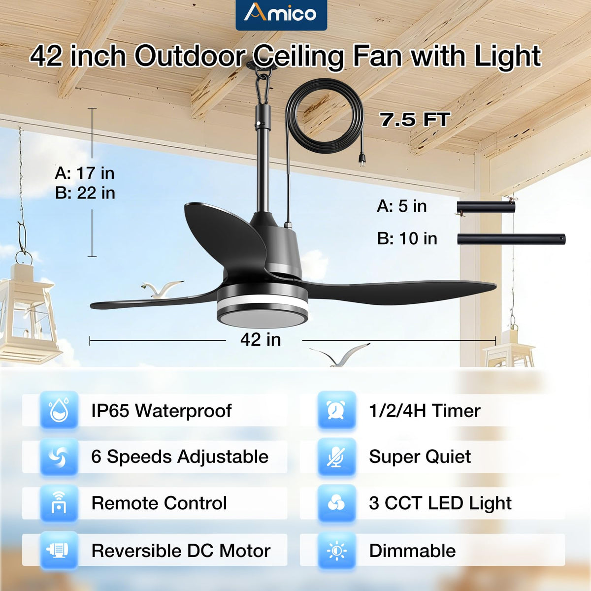Amico gazebo fan with hook hanging showcases simple, flexible installation in outdoor spaces.