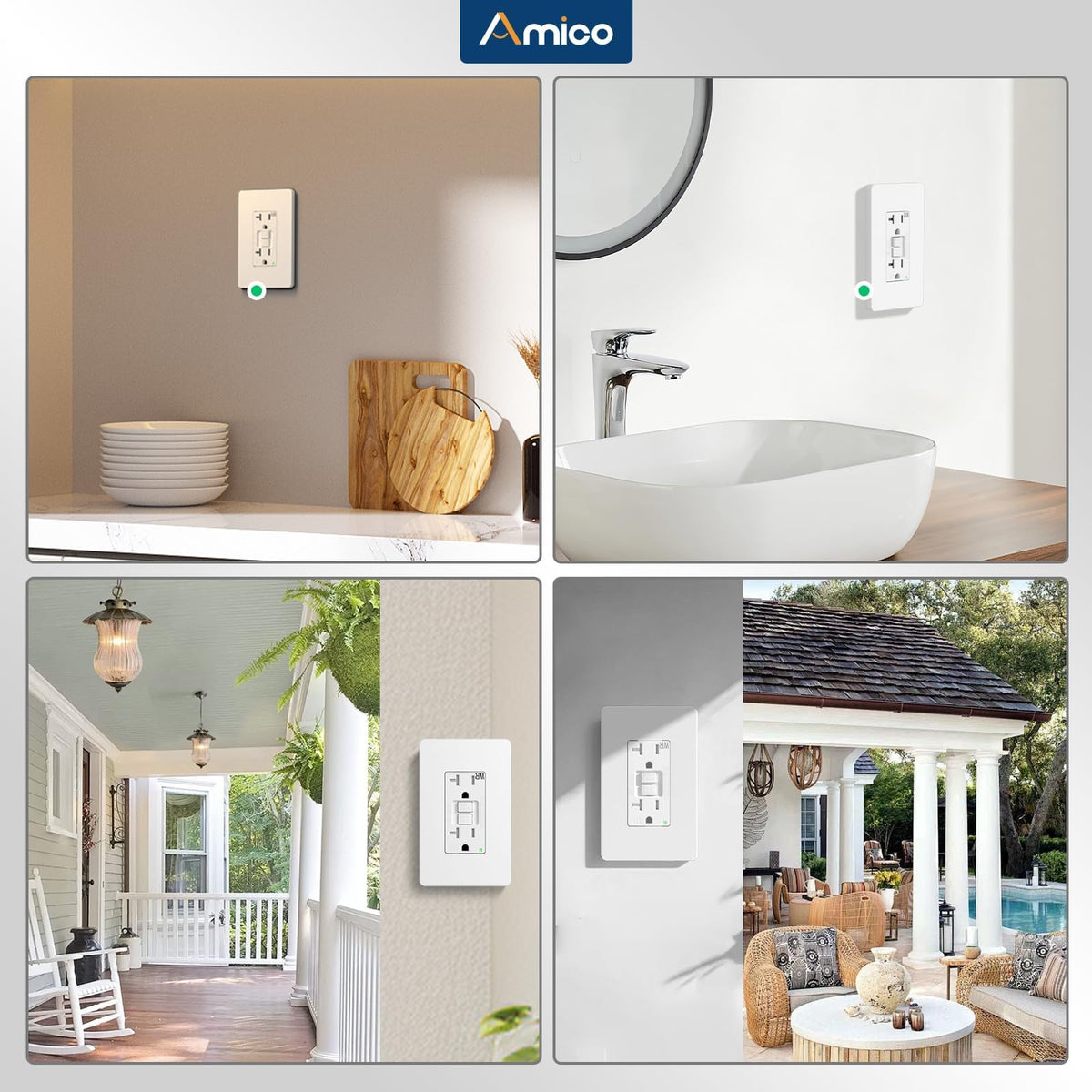 Amico GFCI outlet for outdoor and indoor use across spaces