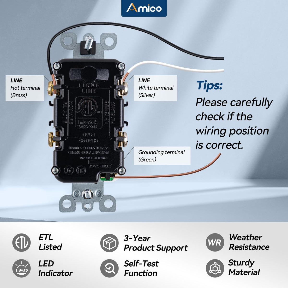 Amico GFCI outlet two-color indicator LED shows wiring status