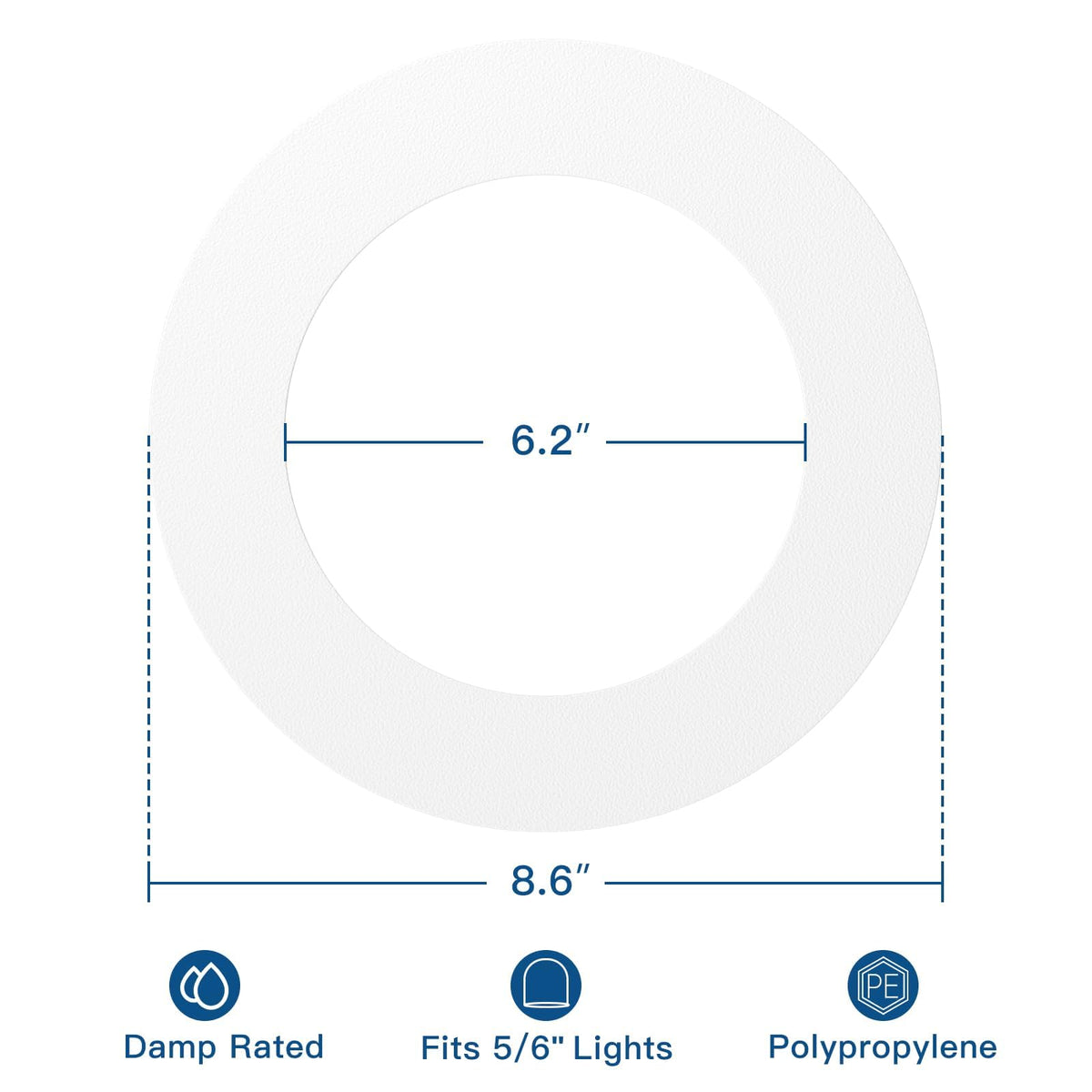 Amico goof rings 6.2-inch inner diameter sits flush between ceiling and light