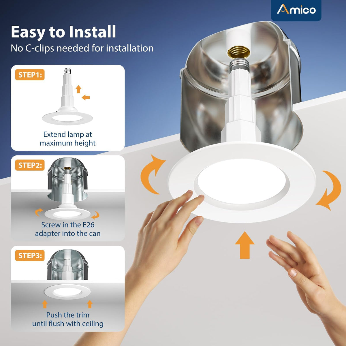 Amico IC-damp rated recessed light for moisture-prone spaces.