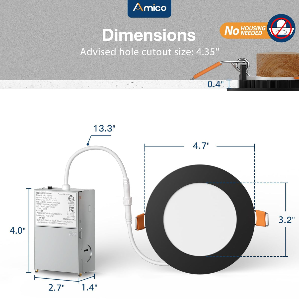 Amico IC-rated canless design safe for contact with insulation in ceilings.