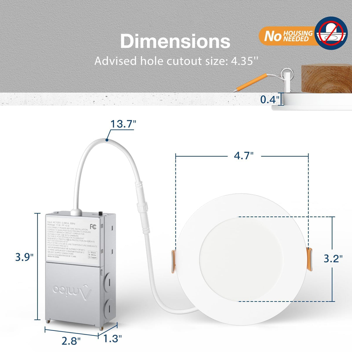 Amico IC-rated fixture with thermal protection for safe ceiling contact.