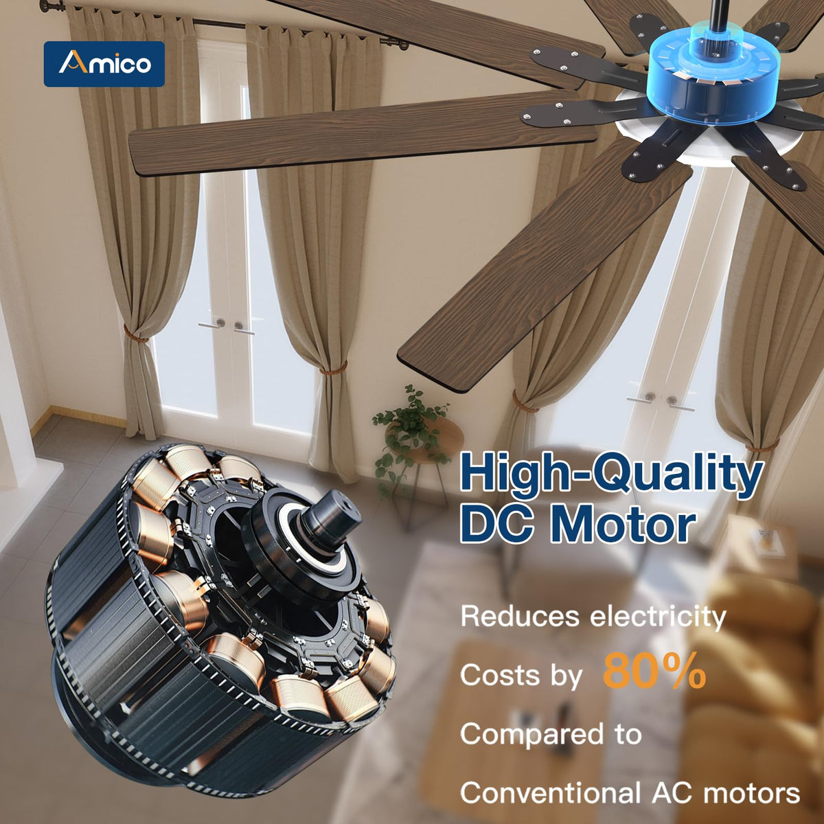 Amico indoor/outdoor ceiling fan suitable for covered patios and living spaces.