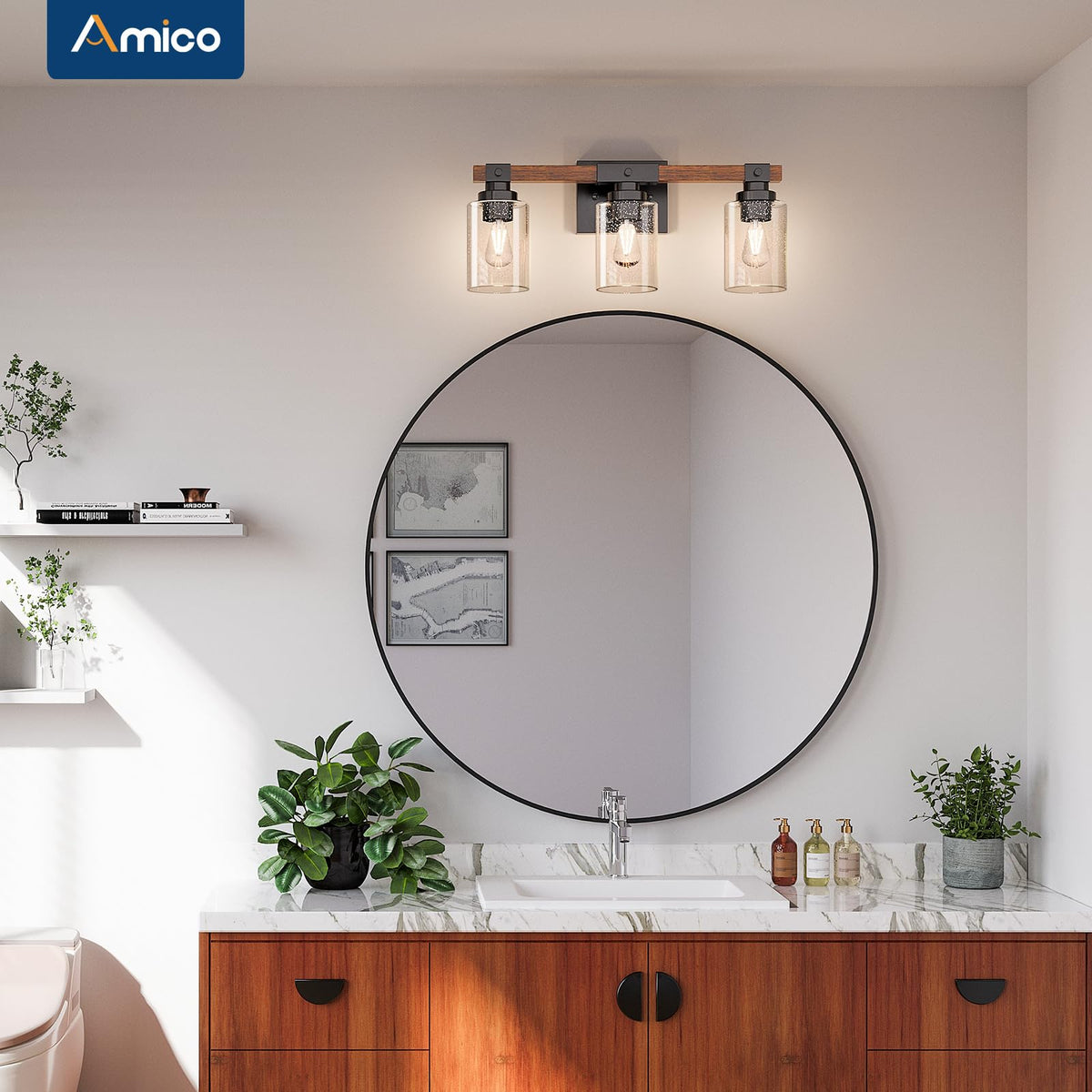 Amico industrial black metal finish adds vintage charm to mirror lighting.
