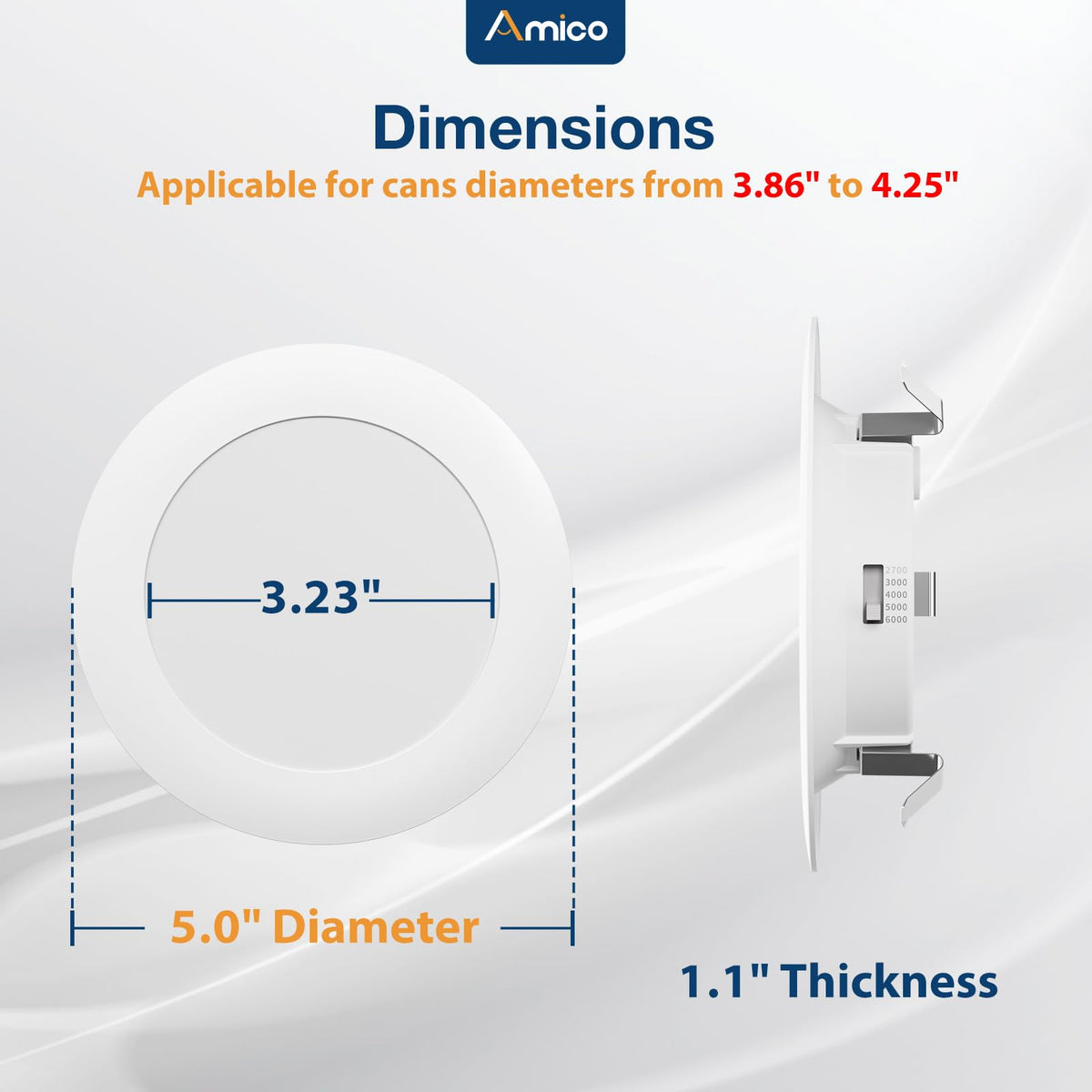 Amico LED can light selectable temperatures 2700K–6000K for tailored ambience.