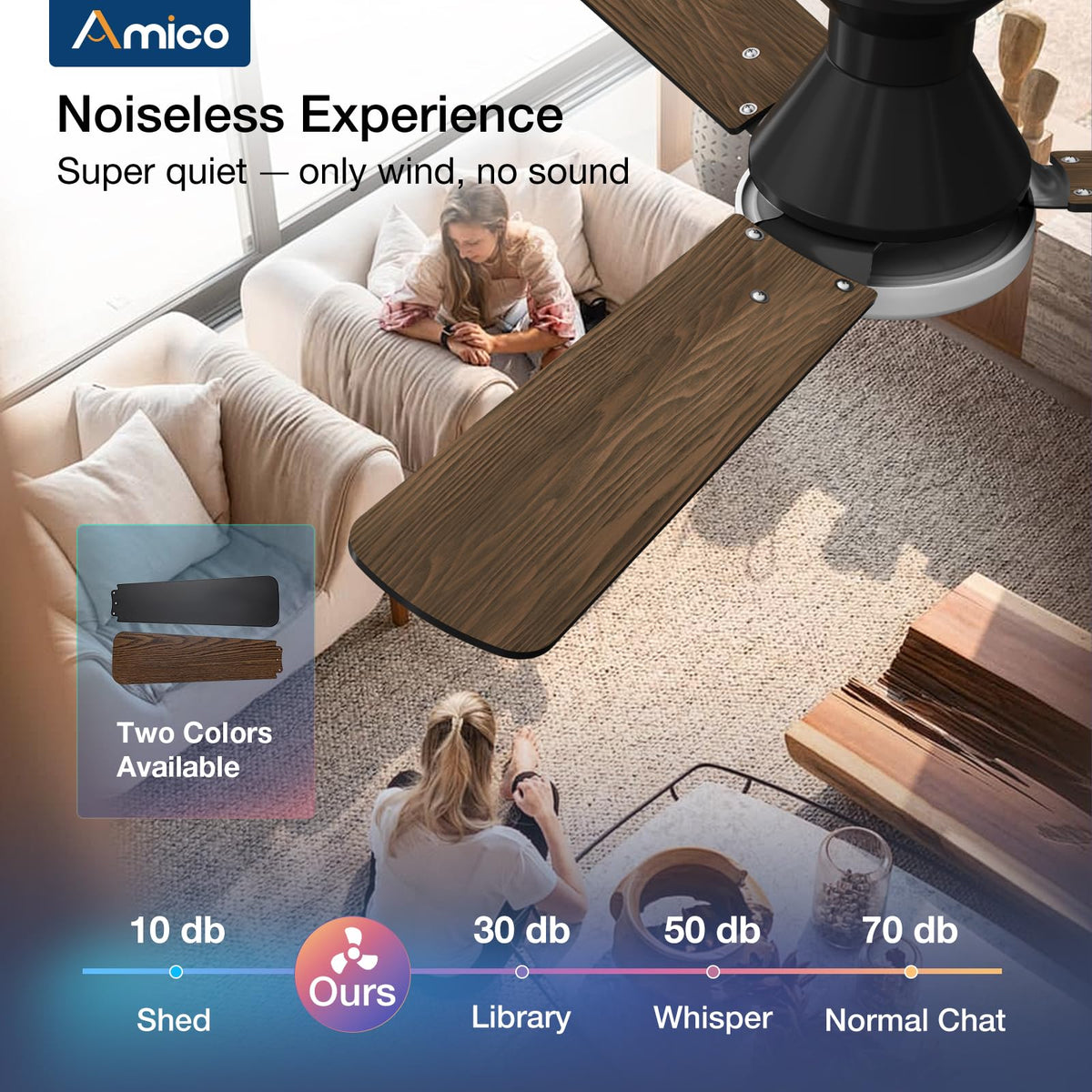 Amico low-profile fan blades deliver quiet operation and modern decor