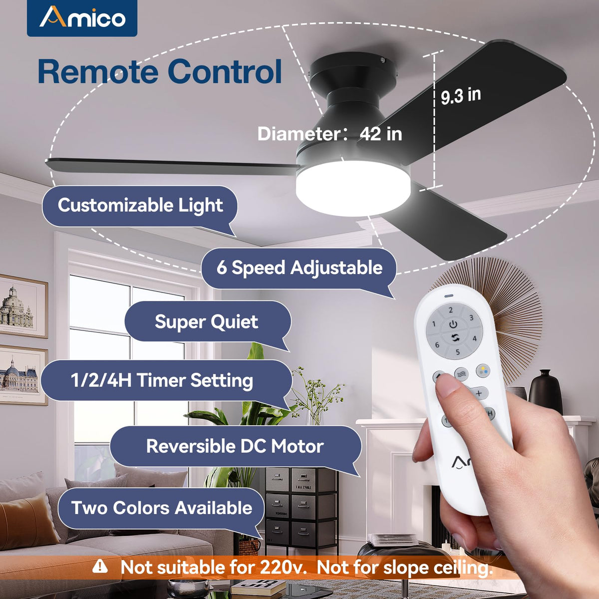 Amico low-profile flush-mount ceiling fan ideal for compact spaces