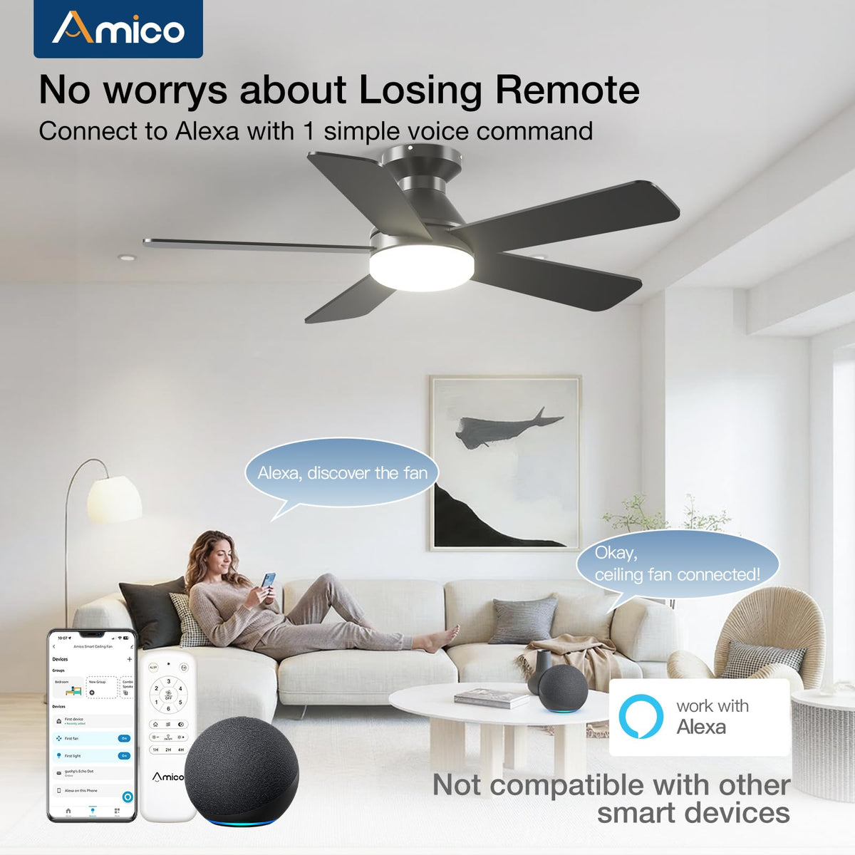 Amico low-profile flush-mount design fits tight ceilings with clean lines