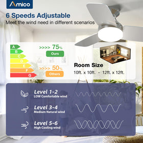 Amico flush-mount ceiling fan saves space in low ceilings and small rooms.