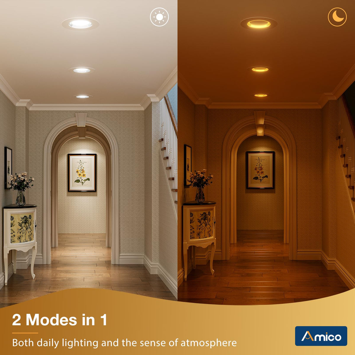 Amico night light mode emits amber glow for gentle nighttime guidance