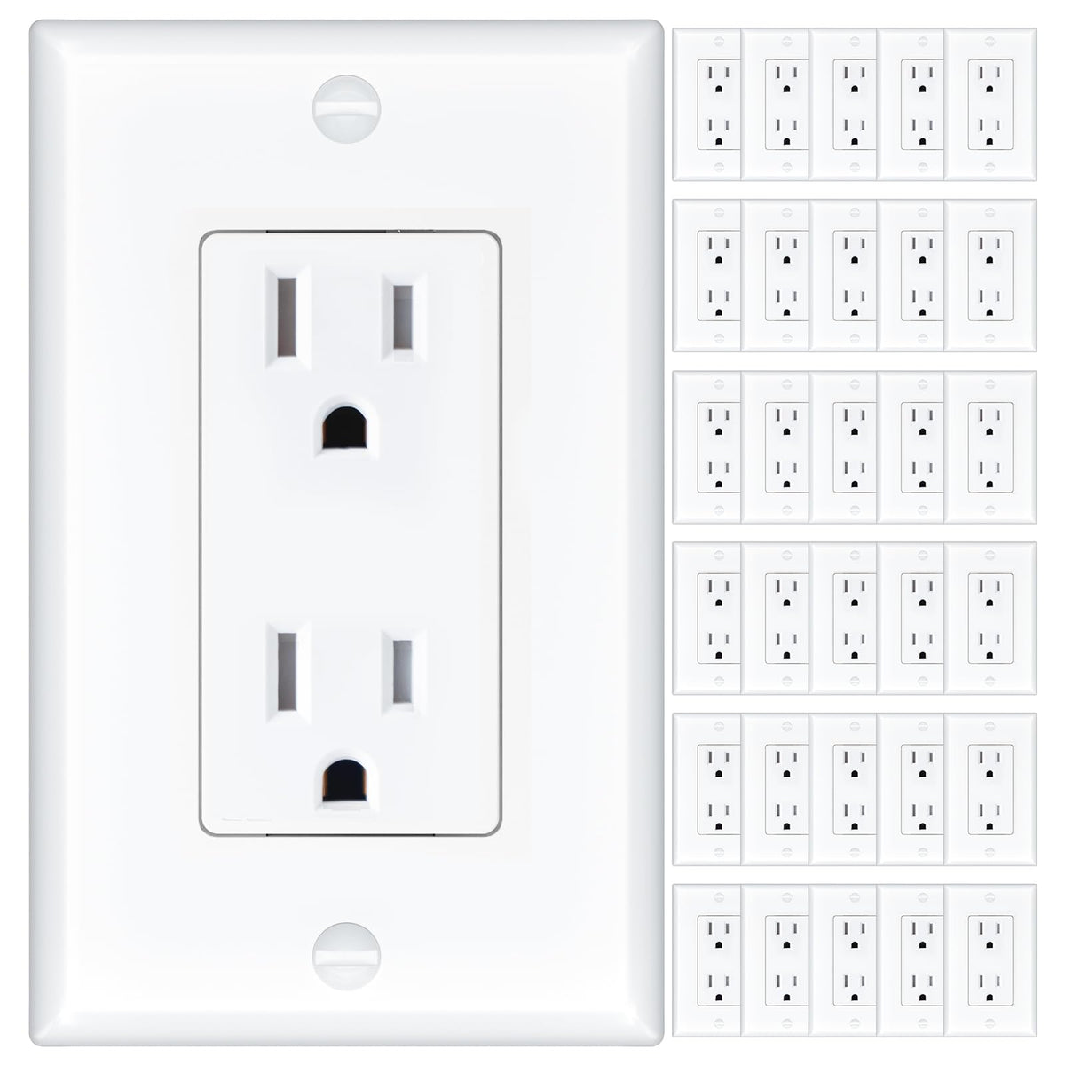 Amico outlet front view showing 15A 125V capacity for common devices.