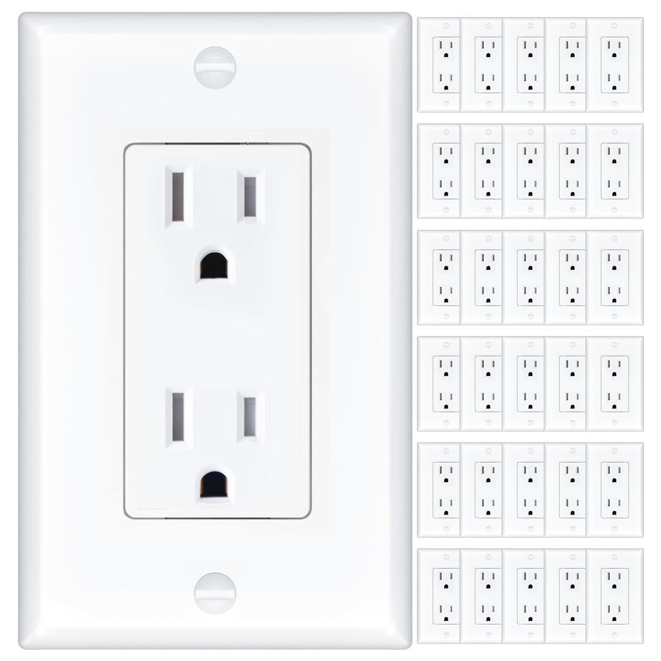 Amico outlet front view showing 15A 125V capacity for common devices.