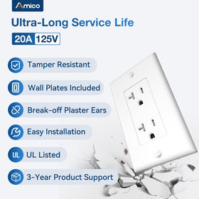 Amico tamper-resistant outlet close-up showing safety shutters in action