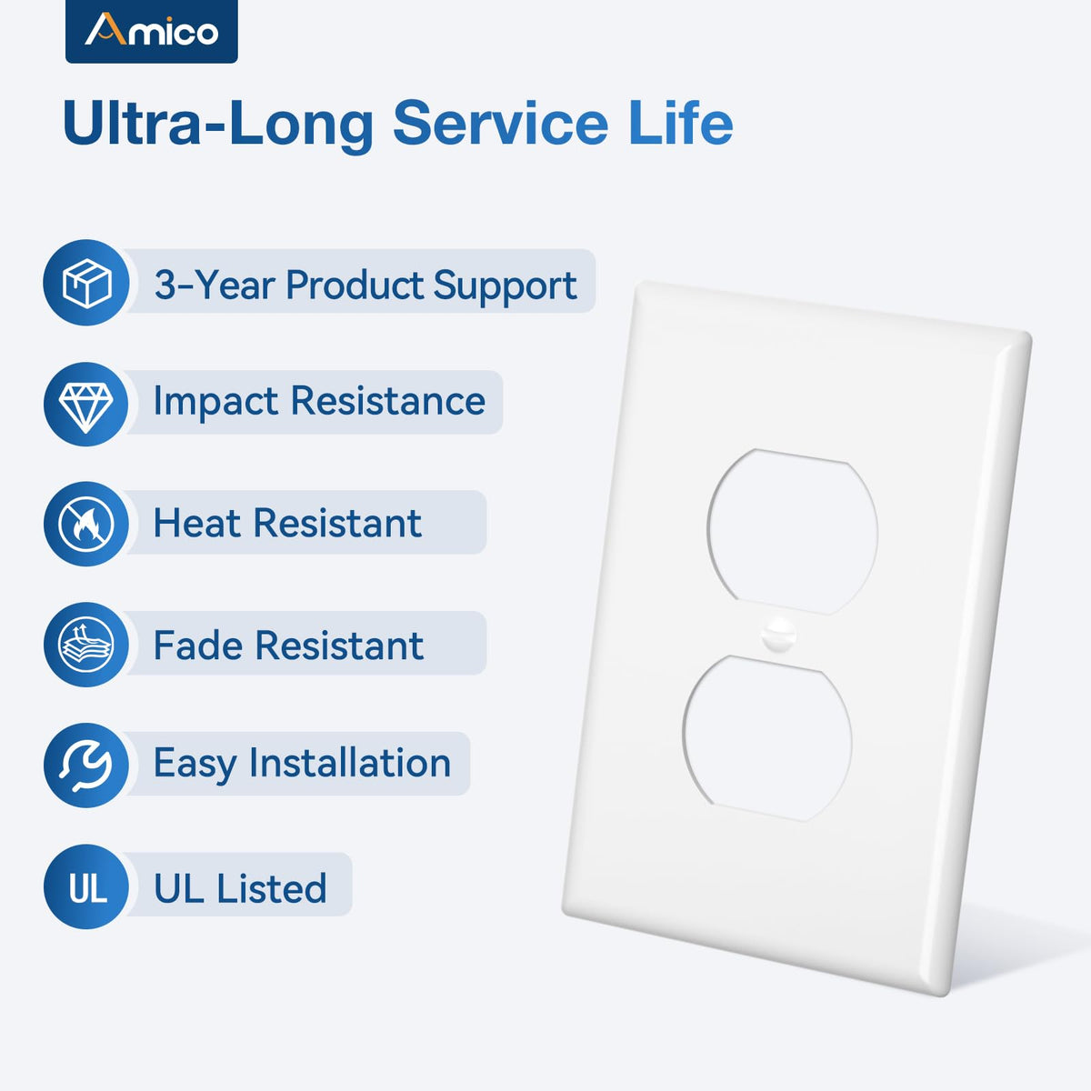 Amico polycarbonate wall plate white—impact-resistant and fade-resistant for long-lasting use.