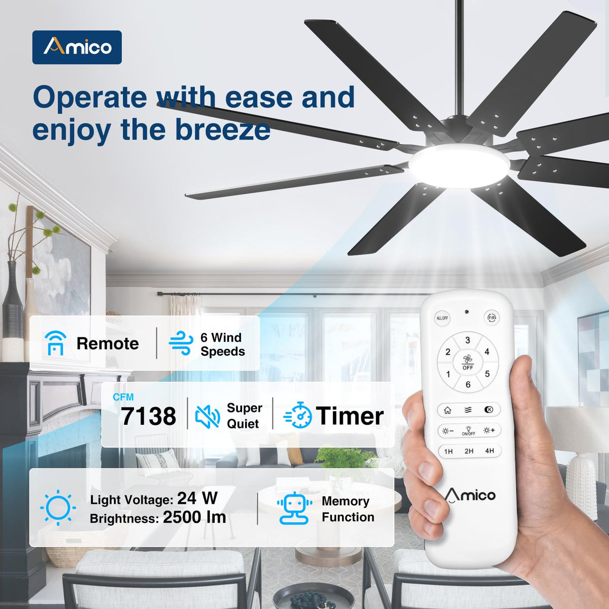 Amico quiet DC motor delivers whisper-quiet airflow in bedrooms.