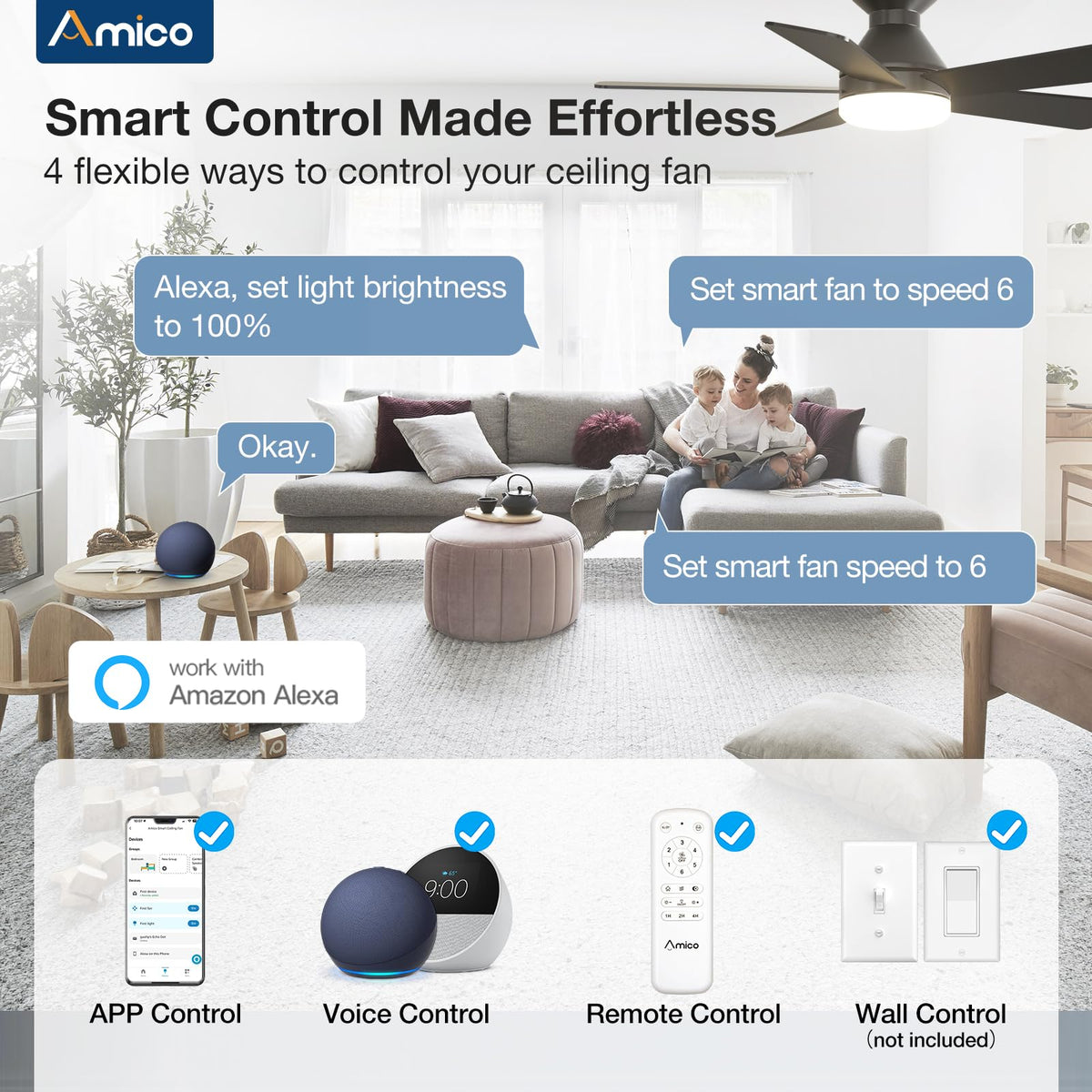 Amico ceiling fan offers remote, app, and wall switch control for convenience