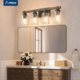 Amico rustic bathroom light with bubble glass shades providing soft, even illumination.