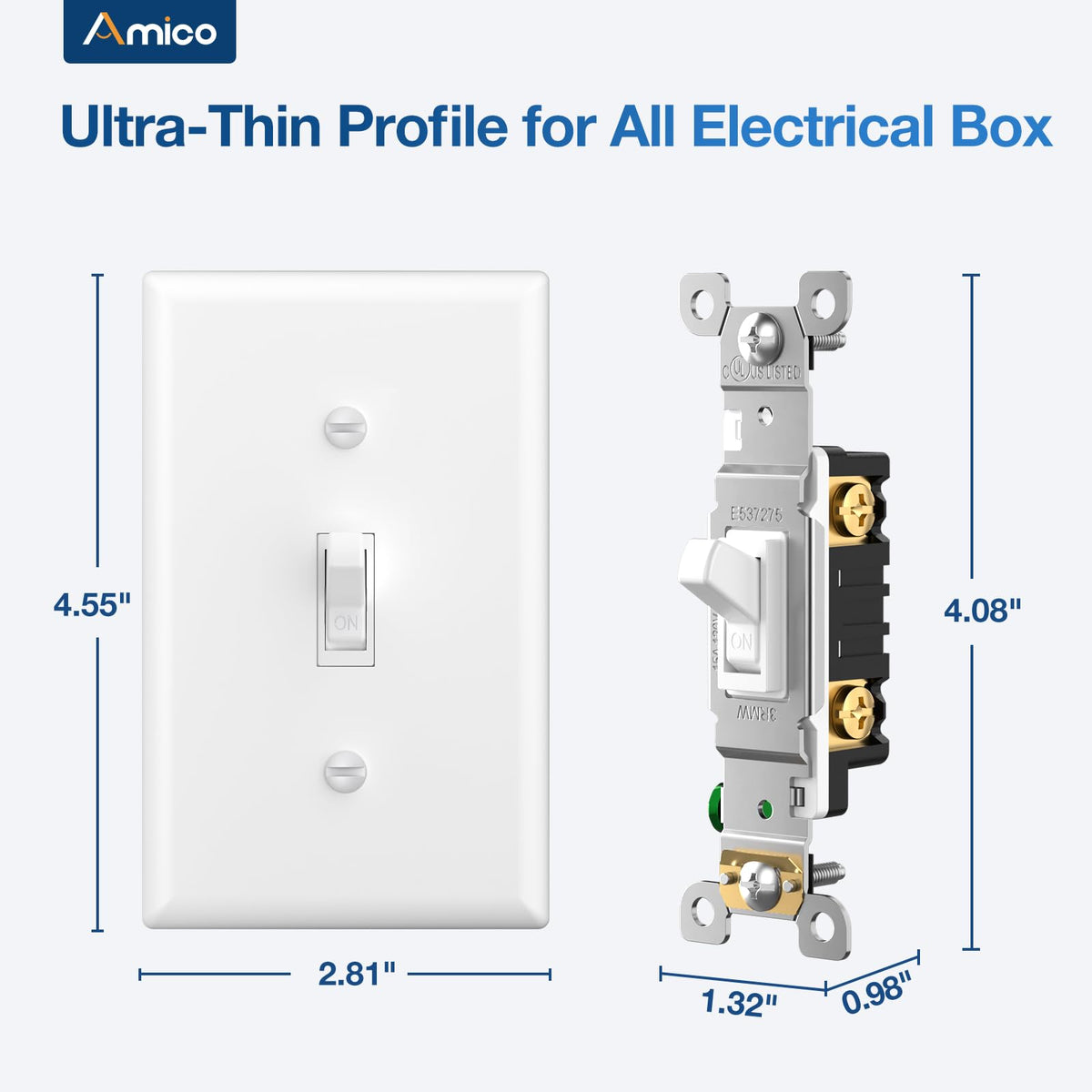 Amico toggle switch close-up shows tactile click and sturdy build.