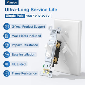 Amico toggle switch mounted in wall box for neat installation.
