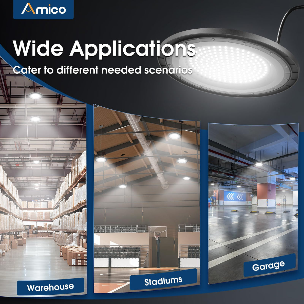 Amico UFO high bay light UL-listed and FCC-certified for compliance
