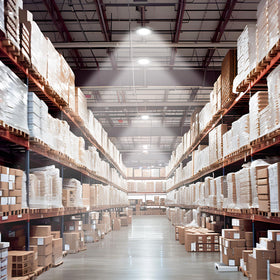 Amico UFO LED high bay light at 5000K color temperature for crisp visibility.