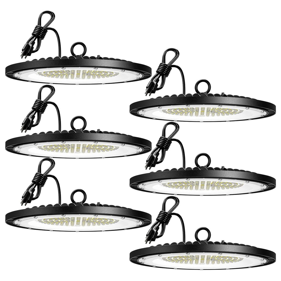 Amico UFO LED high bay light front view provides bright, energy-efficient workshop illumination.