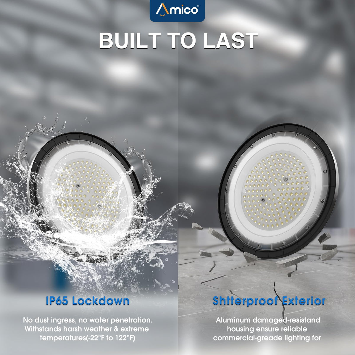 Amico UFO LED high bay light in an illuminated workspace demonstrates wide-area brightness.