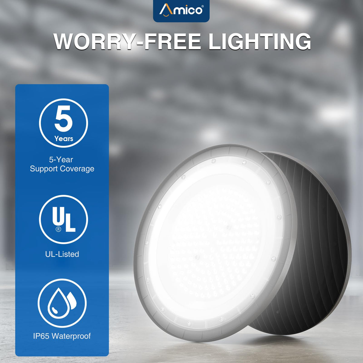 Amico UFO LED high bay light IP65 dustproof design for challenging environments.
