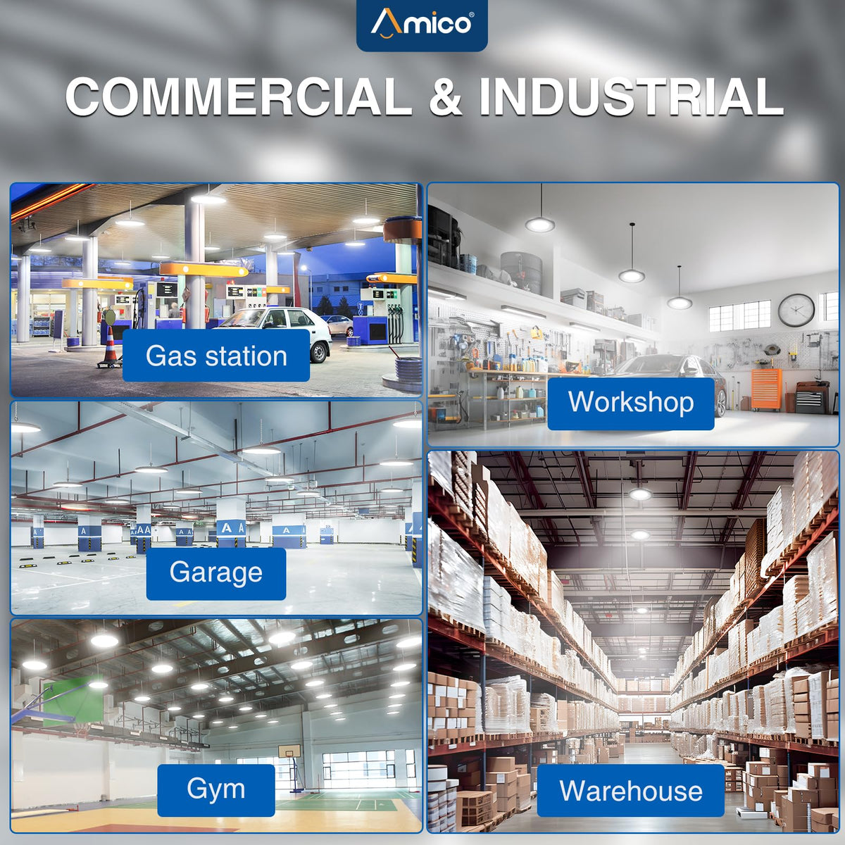Amico UFO LED high bay light pack of six ensures consistent coverage.