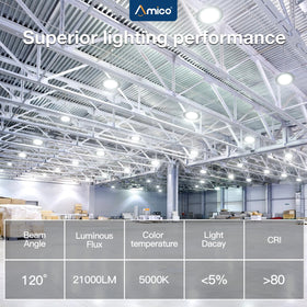 Amico UFO LED high bay light side view shows even coverage for large spaces.