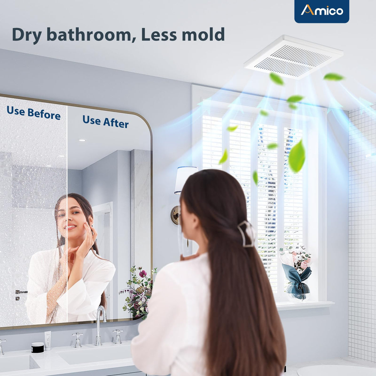 Amico 80 CFM ventilation removes steam and reduces moisture in the space.