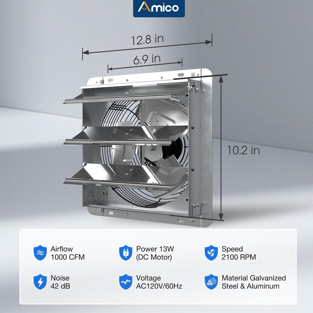 Amico wall-mount ventilation suitable for garage greenhouse attic coop.
