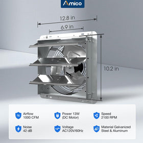 Amico wall-mount ventilation suitable for garage greenhouse attic coop.