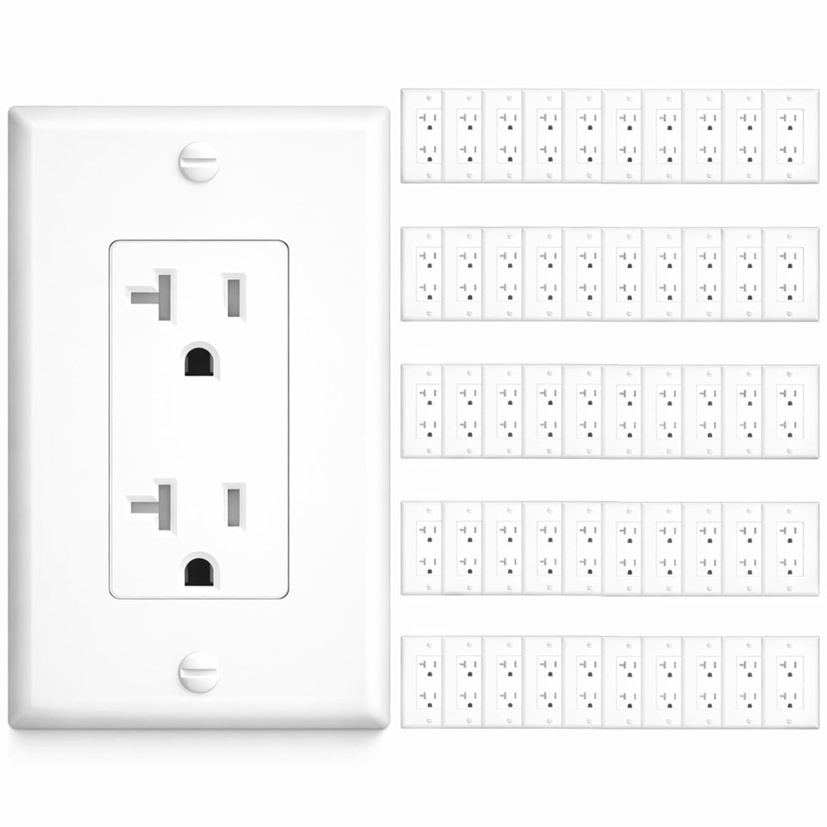 Amico 20A wall outlet front view highlighting sturdy terminals for high load use