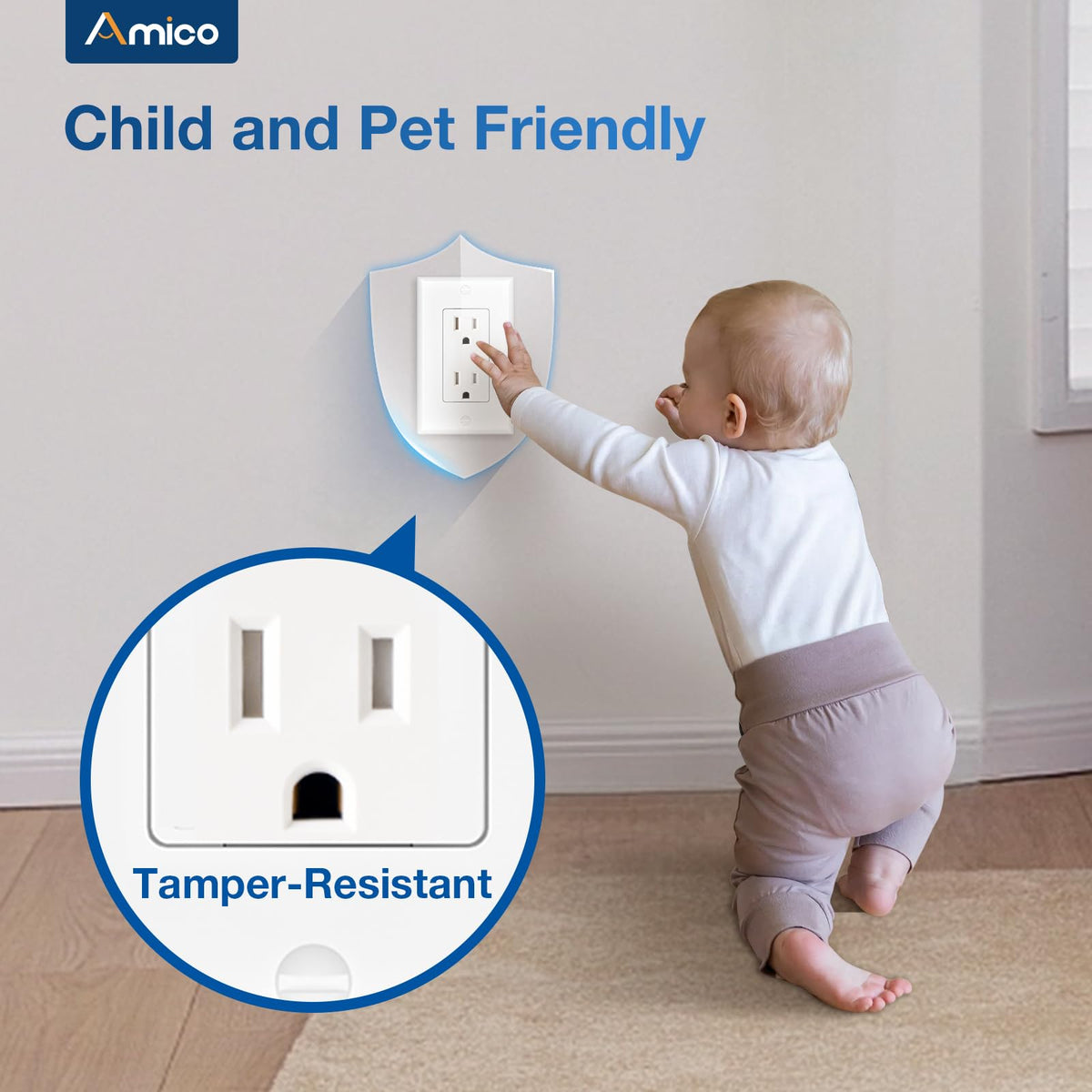 Amico white wall plate with sleek design to blend with decor.
