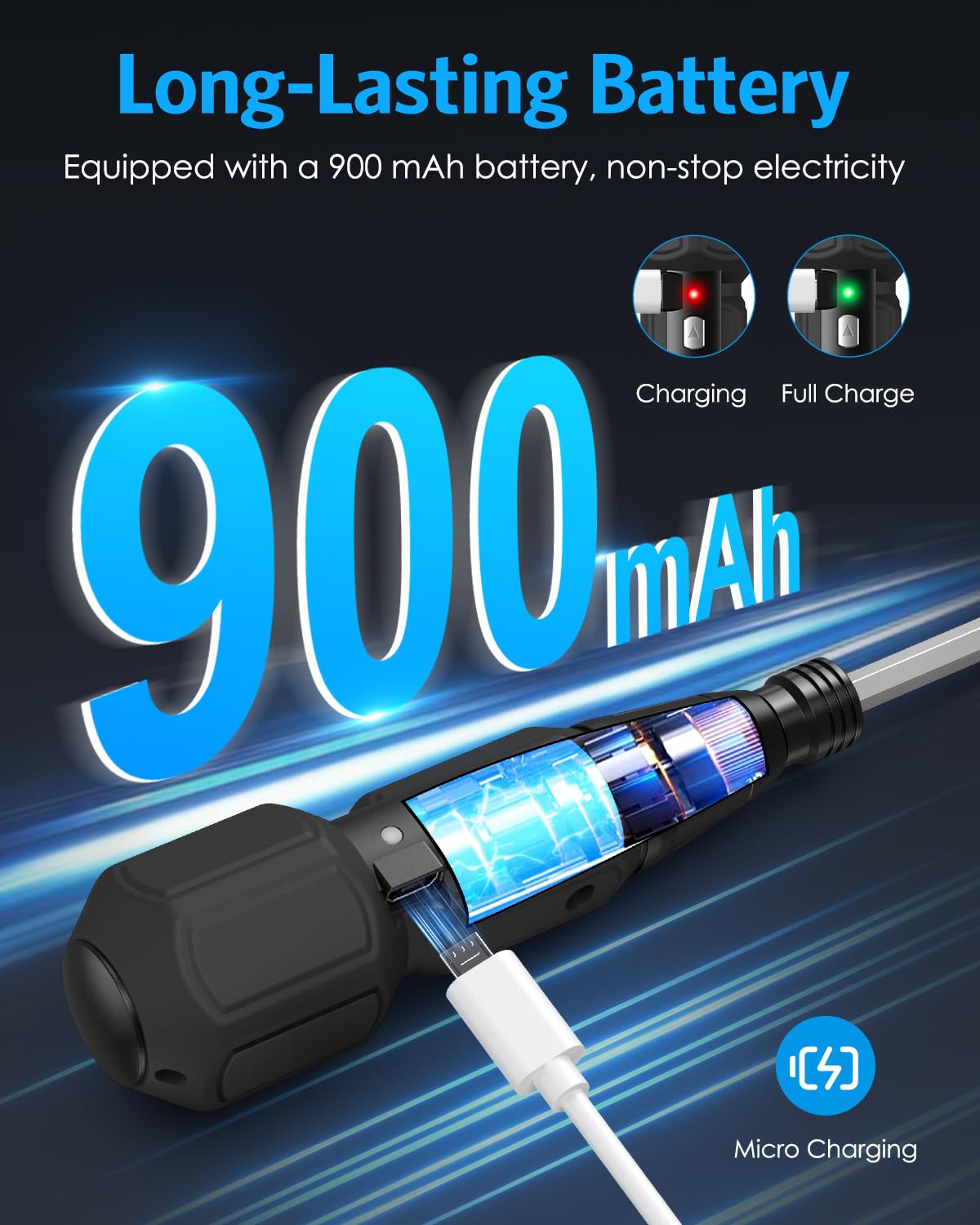 AMIR electric screwdriver shows a 40-minute runtime after charging.