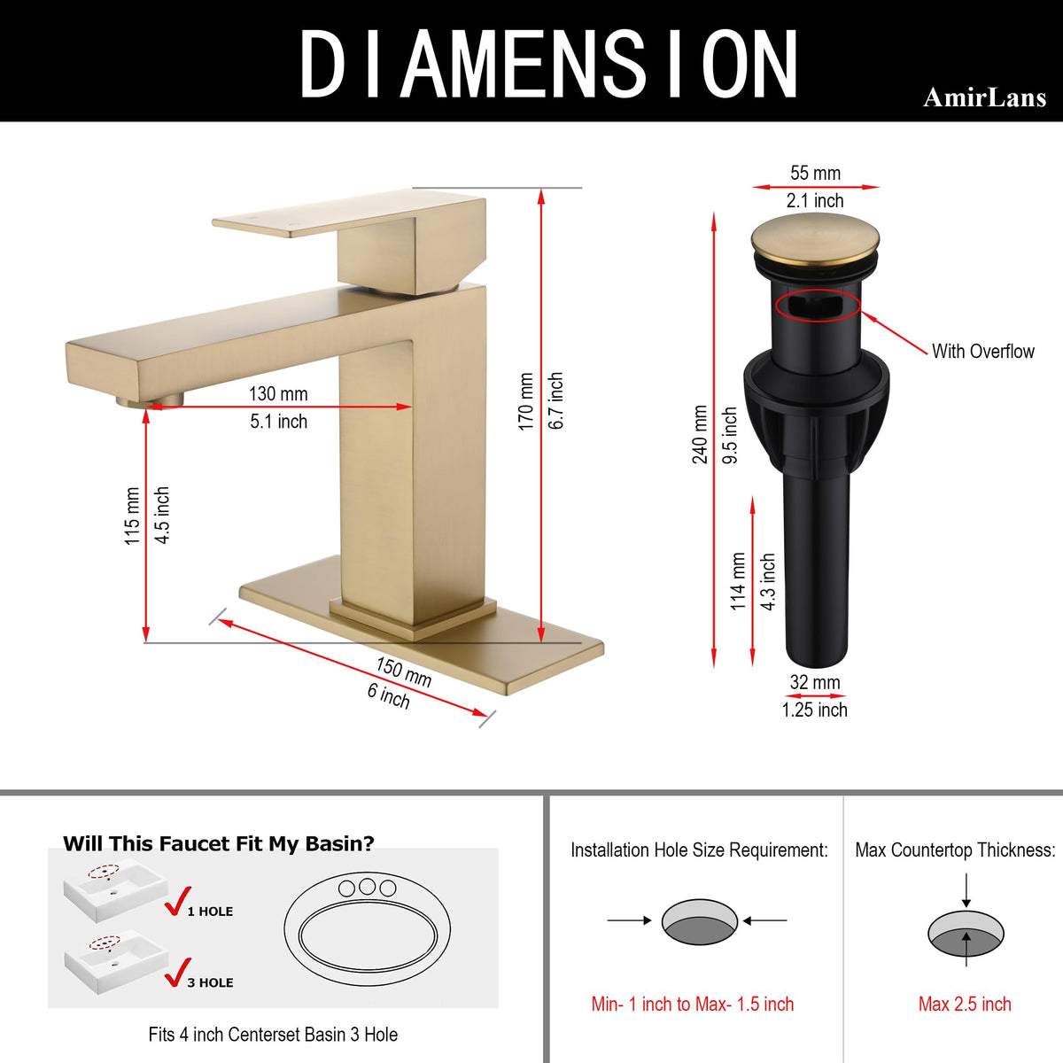 AmirLans 1-hole faucet for standard vanities easy upgrade.